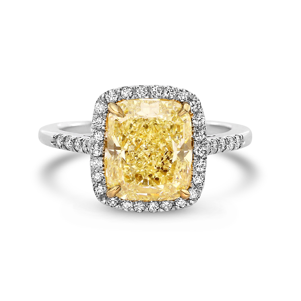 3.39 Cushion Shape Yellow Diamond Ring