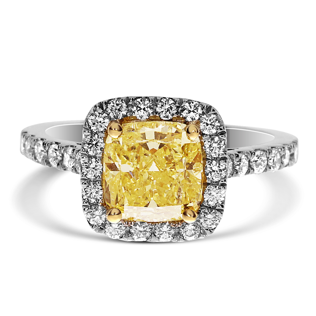 2.09 Cushion Shape Yellow Diamond Ring