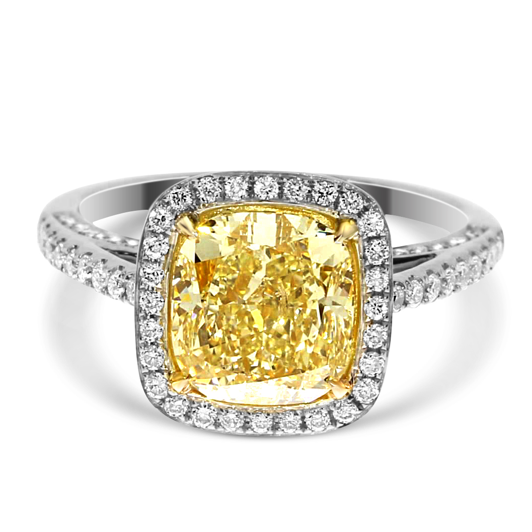 3.02 Cushion Shape Yellow Diamond Ring