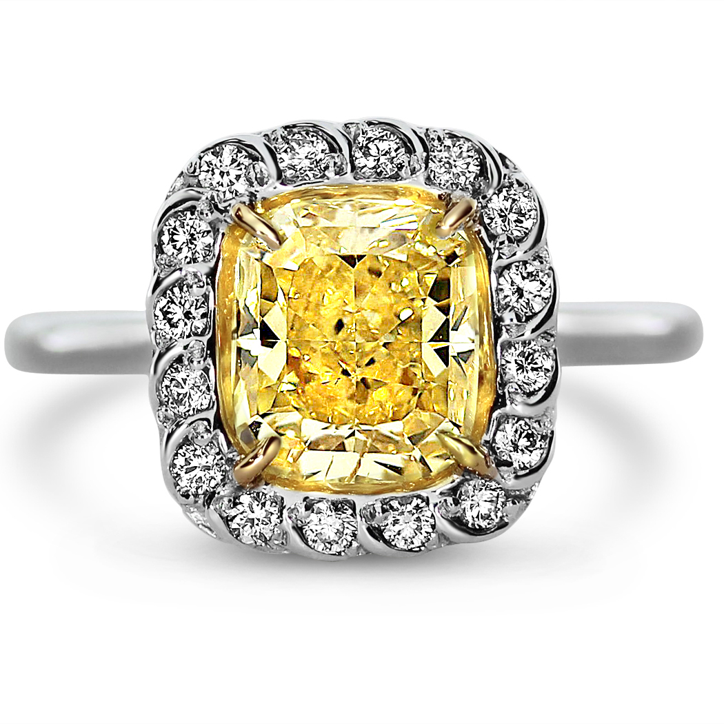 2.06 Cushion Shape Yellow Diamond Ring