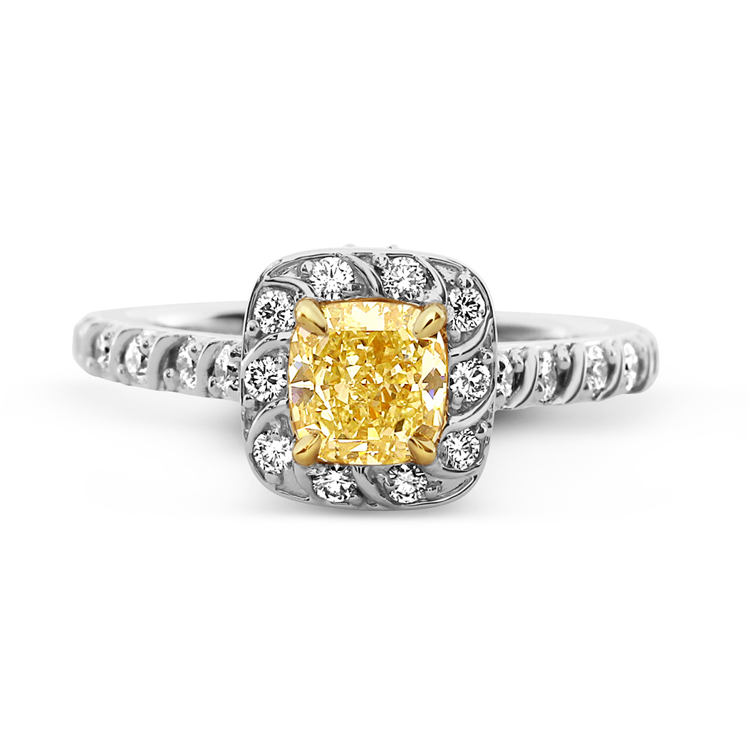 0.9 Cushion Shape Yellow Diamond Ring