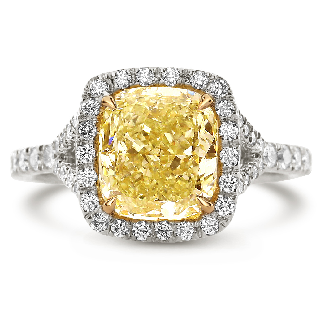 3.09 Cushion Shape Yellow Diamond Ring