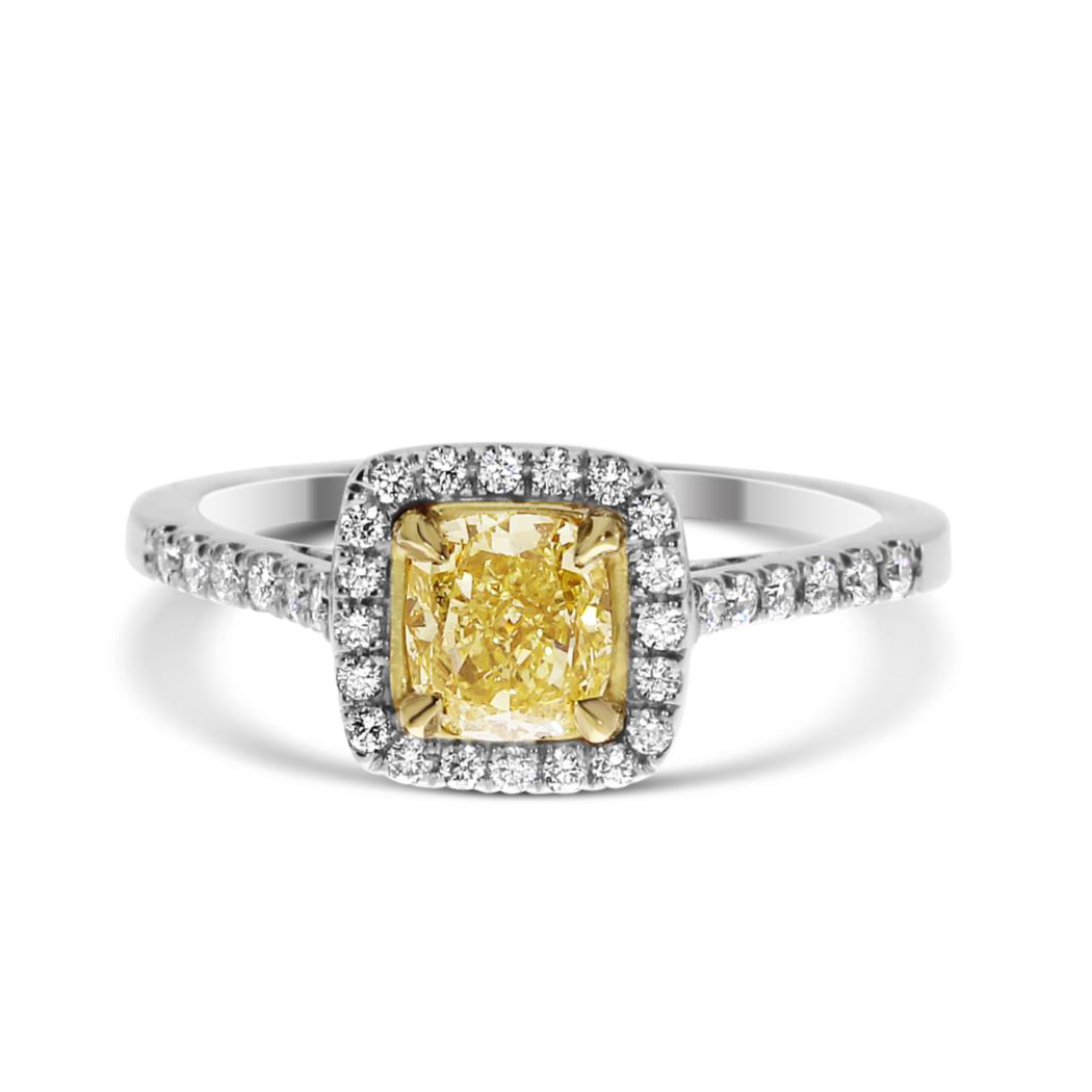 0.91 Cushion Shape Yellow Diamond Ring