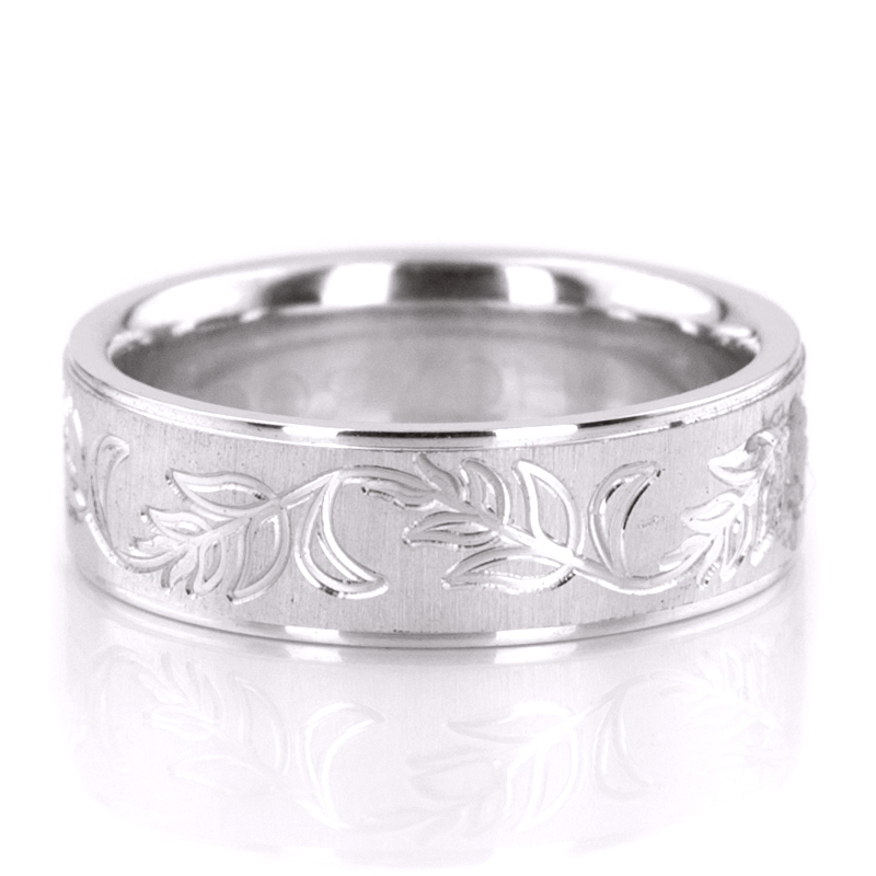 10K white gold 7mm. cross satin Traditional-Fancy-Floral-Carved-Wedding-Ring - alternate view 3