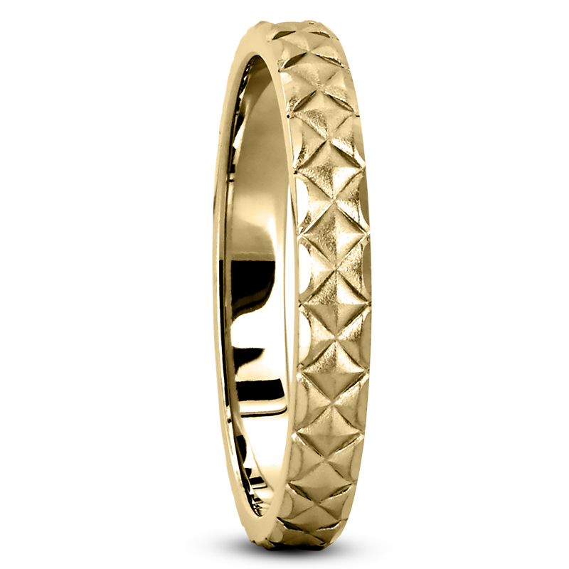 14K all yellow gold 3mm. satin Embossed-Diamond-Pattern-Wedding-Ring - alternate view 2
