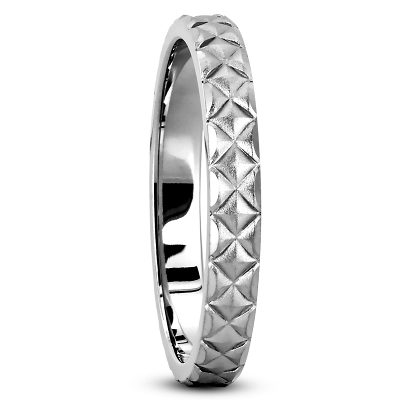 14K all white gold 3mm. satin Embossed-Diamond-Pattern-Wedding-Ring - main view