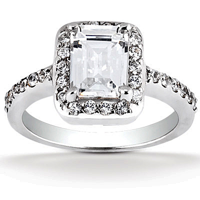 14K white gold Halo Style bead Set Emerald Cut Center Diamond Engagement Ring ( 0.45 ct. tw.) - main view