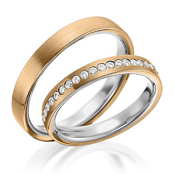 Handcrafted Two Tone Traditional Flat Comfort Fit Wedding Band With Diamonds 