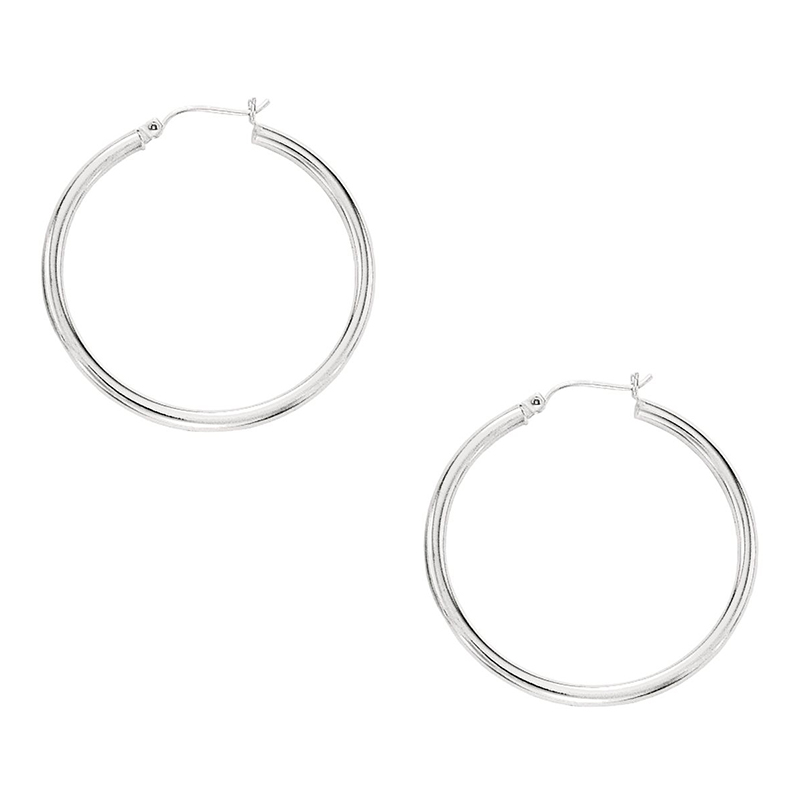 10k White Gold Fancy Tube Hoop Earrings 2x30 mm - view 1
