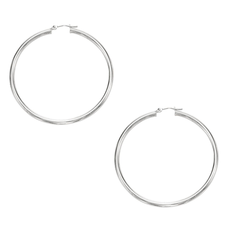 10k White Gold Fancy Tube Hoop Earrings 2x40 mm - view 1