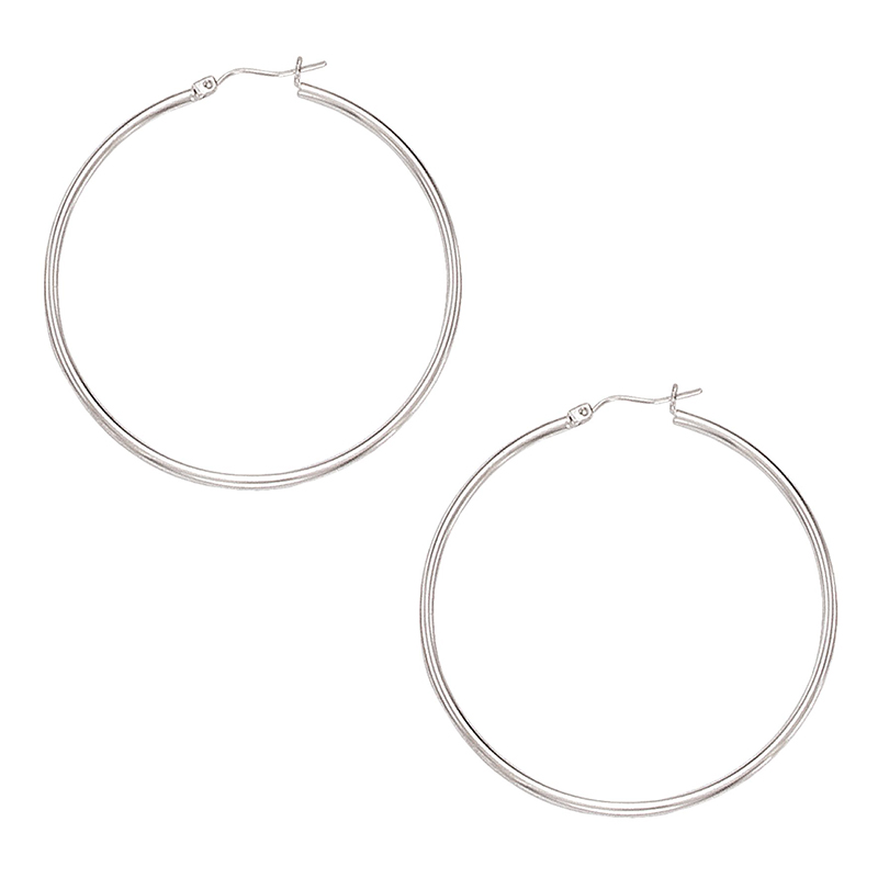 10k White Gold Fancy Tube Hoop Earrings 2x50 mm - view 1