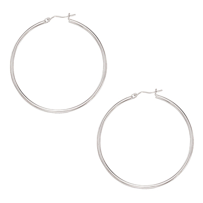 10k White Gold Fancy Tube Hoop Earrings 2x50 mm