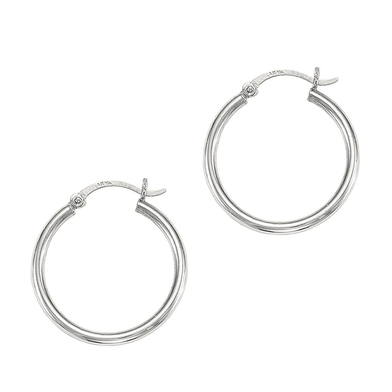 14k White Gold Fancy Tube Polished Hoop Earrings 2x25 mm - view 1
