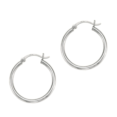 14k White Gold Fancy Tube Polished Hoop Earrings 2x25 mm