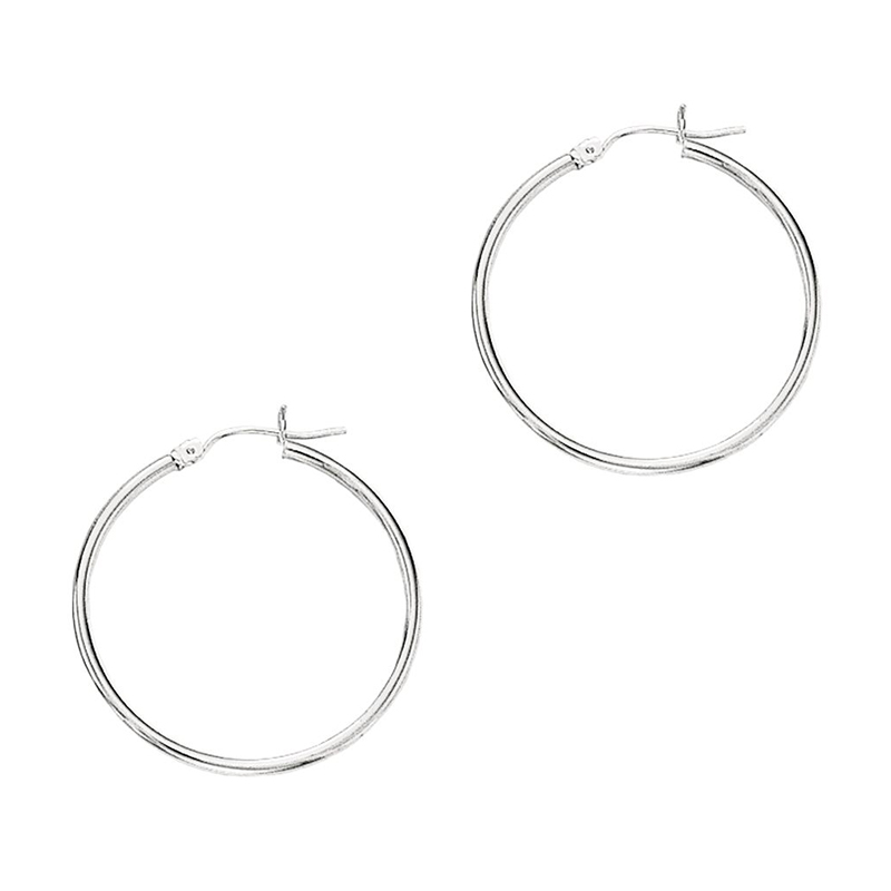 14k White Gold Fancy Tube Polished Hoop Earrings 2x30 mm - view 1