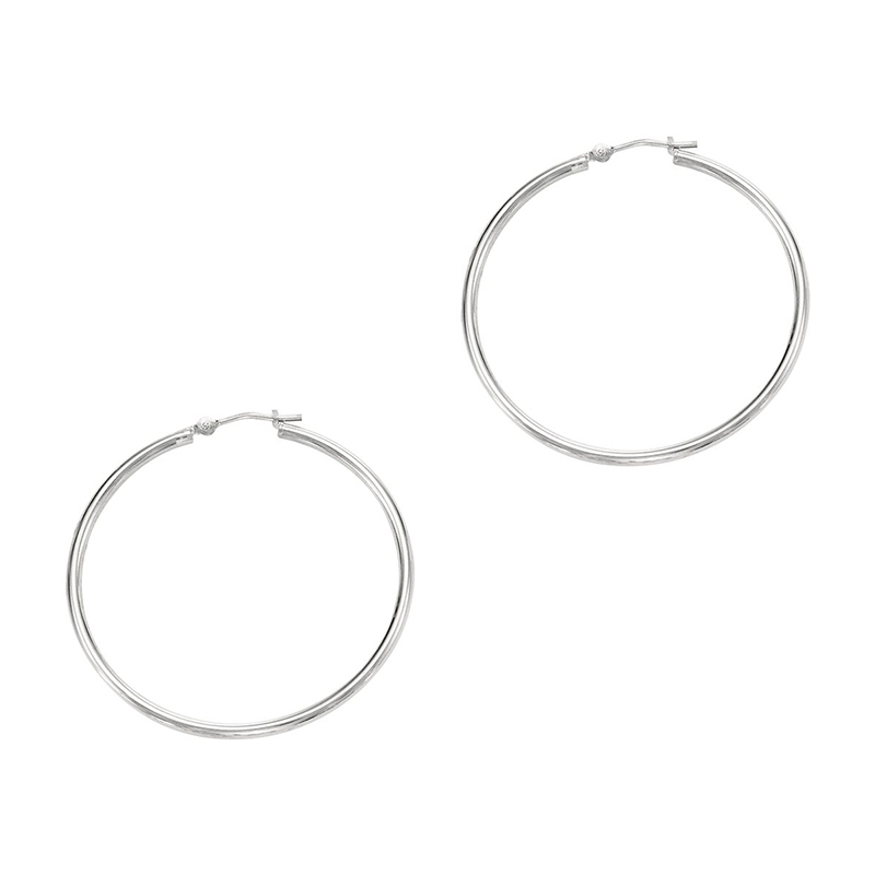 14k White Gold Fancy Tube Polished Hoop Earrings 2x40 mm - view 1