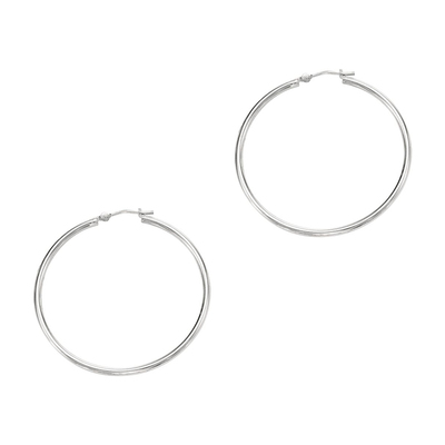 14k White Gold Fancy Tube Polished Hoop Earrings 2x40 mm