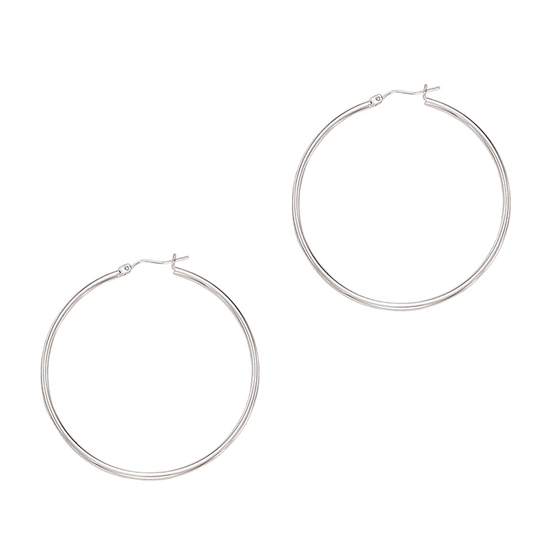 14k White Gold Fancy Tube Polished Hoop Earrings 2x50 mm - view 1