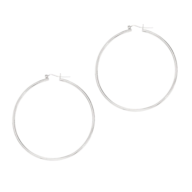 14k White Gold Fancy Tube Polished Hoop Earrings 2x60 mm - view 1