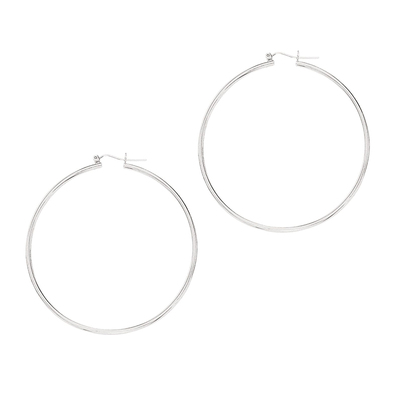 14k White Gold Fancy Tube Polished Hoop Earrings 2x60 mm