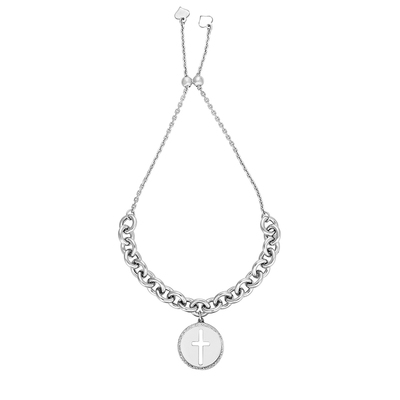 Cross Coin Charm Sterling Silver Polished Bracelet