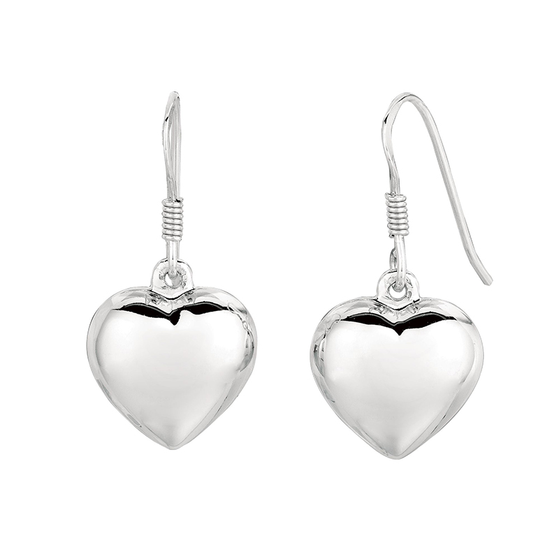 Puffed Heart Design Sterling Silver DAngle Earrings