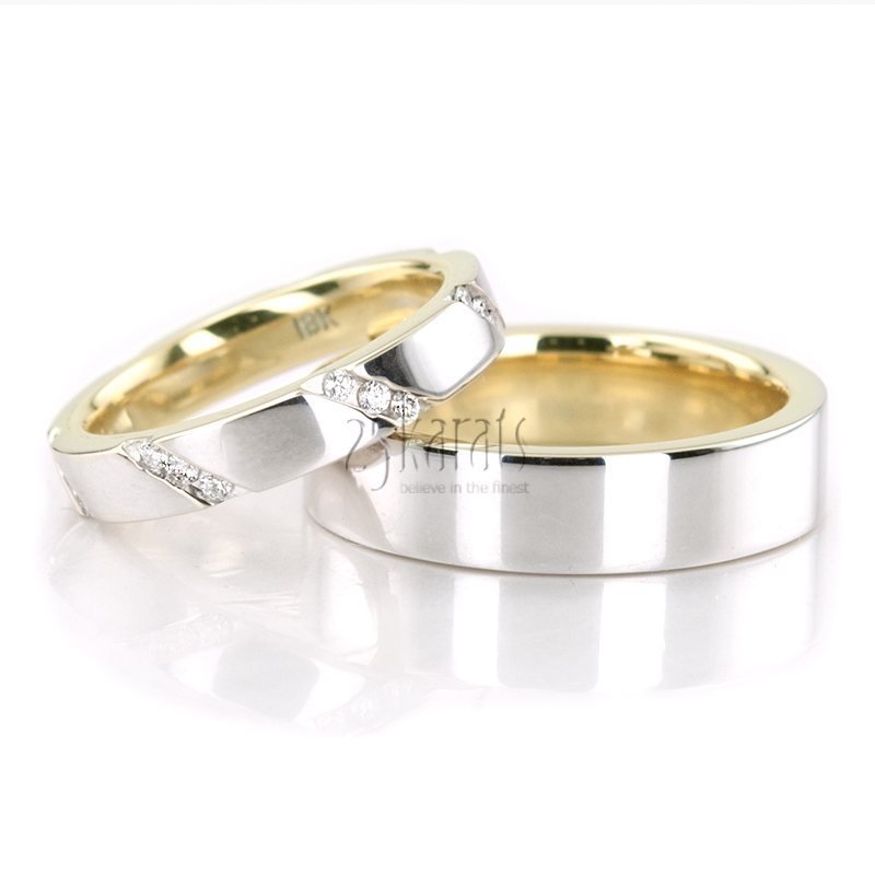 Contemporary Two Tone Flat Comfort Fit Wedding Band Set