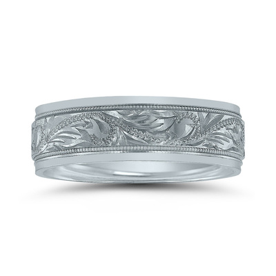 Novell Floral Carved Milgrain Wedding Ring  - view 2 thumbnail