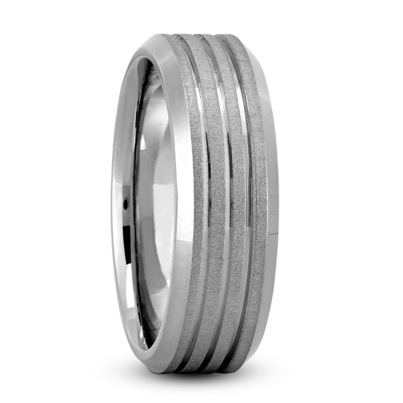14K white gold 7mm. cross satin Beveled-Edge-Parallel-Carved-Wedding-Band - alternate view 2
