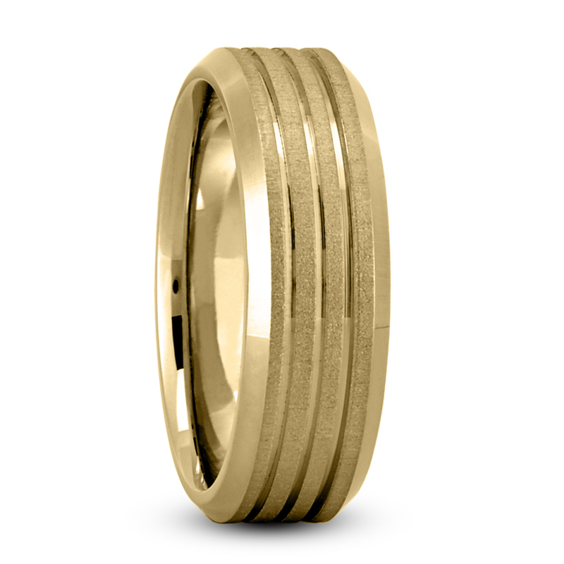 14K yellow gold 7mm. cross satin Beveled-Edge-Parallel-Carved-Wedding-Band - alternate view 3