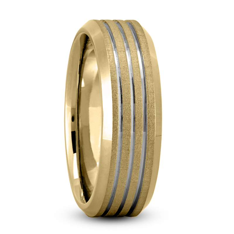 14K yellow-white-yellow gold 7mm. cross satin Beveled-Edge-Parallel-Carved-Wedding-Band - alternate view 5