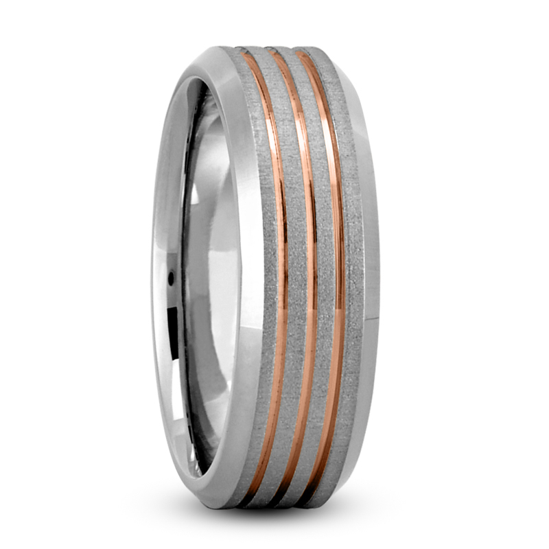 14K white-pink-white gold 7mm. cross satin Beveled-Edge-Parallel-Carved-Wedding-Band - alternate view 6