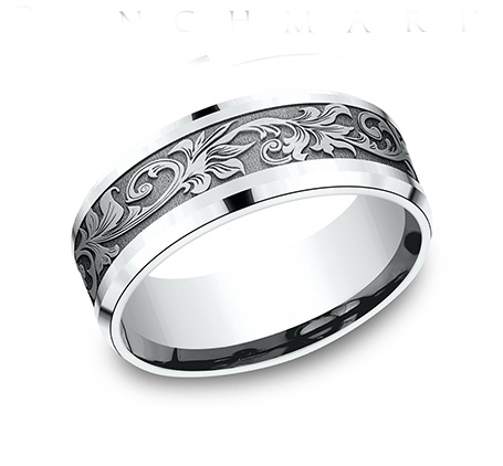 14K white gold 8mm. same as picture Benchmark-8mm-Comfort-Fit-Victorian-Flora-Design-B - alternate view 2
