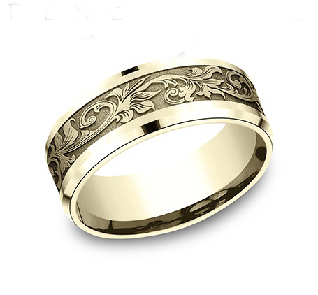 14K yellow gold 8mm. same as picture Benchmark-8mm-Comfort-Fit-Victorian-Flora-Design-B - alternate view 3
