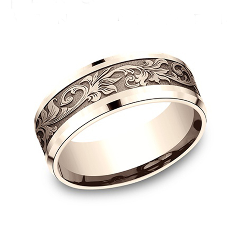 14K pink gold 8mm. same as picture Benchmark-8mm-Comfort-Fit-Victorian-Flora-Design-B - alternate view 4