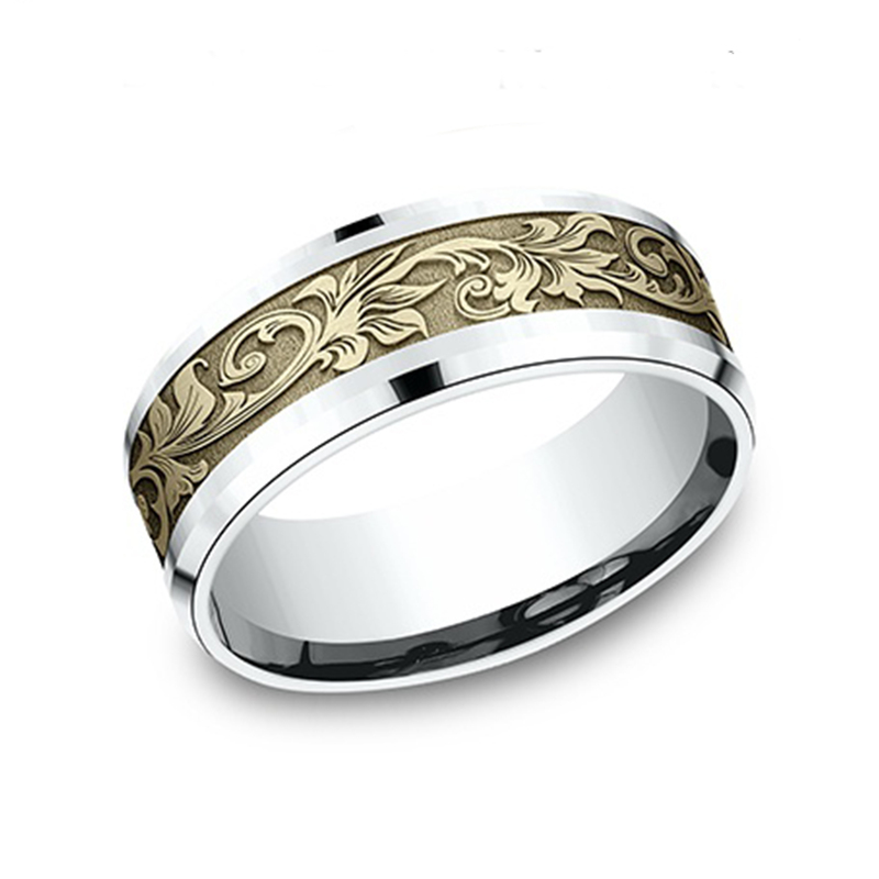 14K white-yellow-white gold 8mm. same as picture Benchmark-8mm-Comfort-Fit-Victorian-Flora-Design-B - alternate view 5