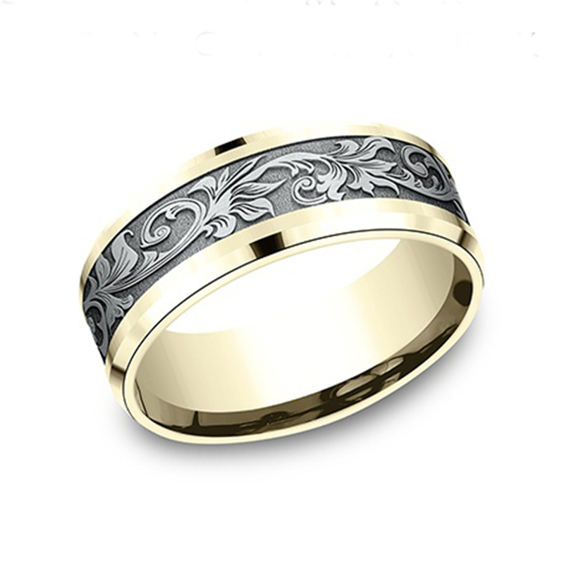 14K yellow-white-yellow gold 8mm. same as picture Benchmark-8mm-Comfort-Fit-Victorian-Flora-Design-B - alternate view 6