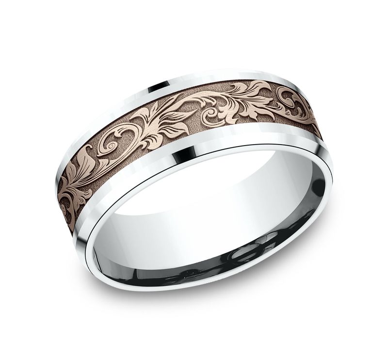 14K white-pink-white gold 8mm. same as picture Benchmark-8mm-Comfort-Fit-Victorian-Flora-Design-B - alternate view 7
