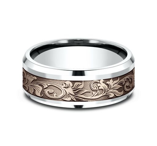 14K white-pink-white gold 8mm. same as picture Benchmark-8mm-Comfort-Fit-Victorian-Flora-Design-B - alternate view 8