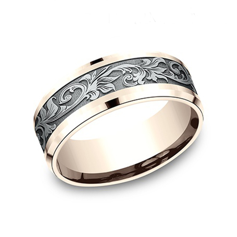 14K pink-white-pink gold 8mm. same as picture Benchmark-8mm-Comfort-Fit-Victorian-Flora-Design-B - alternate view 9