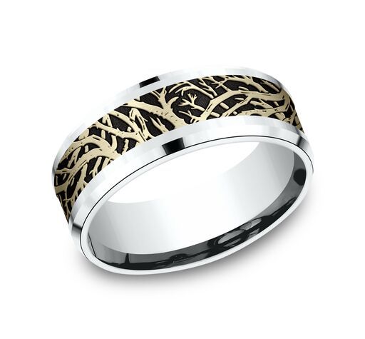 10K white-yellow-white gold 8mm. same as picture Benchmark-8mm-Comfort-Fit-Enchanted-Forest-design- - alternate view 4
