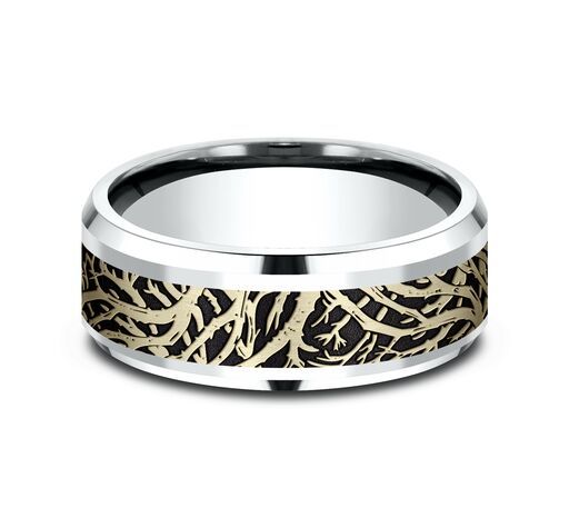 10K white-yellow-white gold 8mm. same as picture Benchmark-8mm-Comfort-Fit-Enchanted-Forest-design- - alternate view 5
