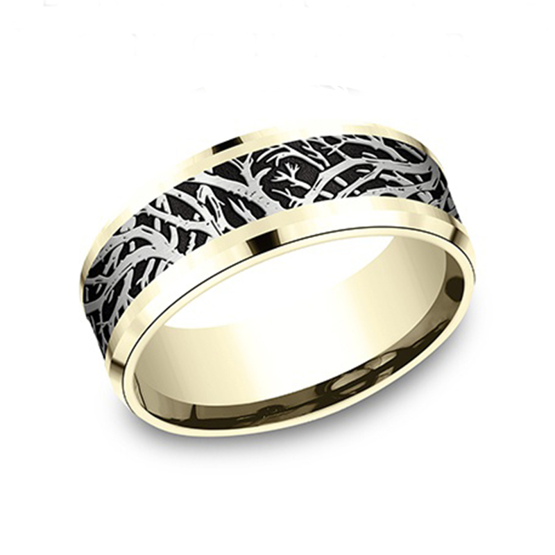 10K yellow-white-yellow gold 8mm. same as picture Benchmark-8mm-Comfort-Fit-Enchanted-Forest-design- - alternate view 6