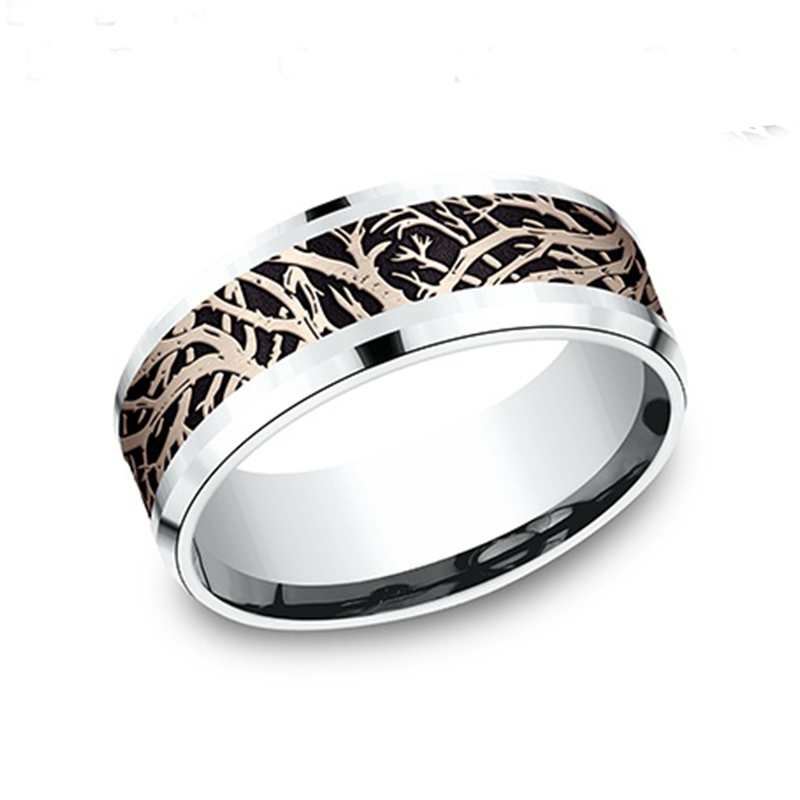 10K white-pink-white gold 8mm. same as picture Benchmark-8mm-Comfort-Fit-Enchanted-Forest-design- - alternate view 7