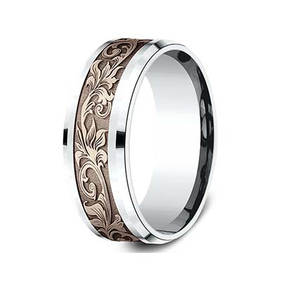 14K white gold 8mm. same as picture Benchmark-8mm-Comfort-Fit-Victorian-Flora-Design-B - main view