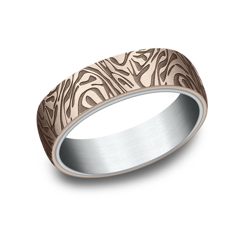14K same as picture gold 6.5mm same as picture Benchmark-6.5mm-Comfort-Fit-Faux-Mokume-Pattern-De - main view