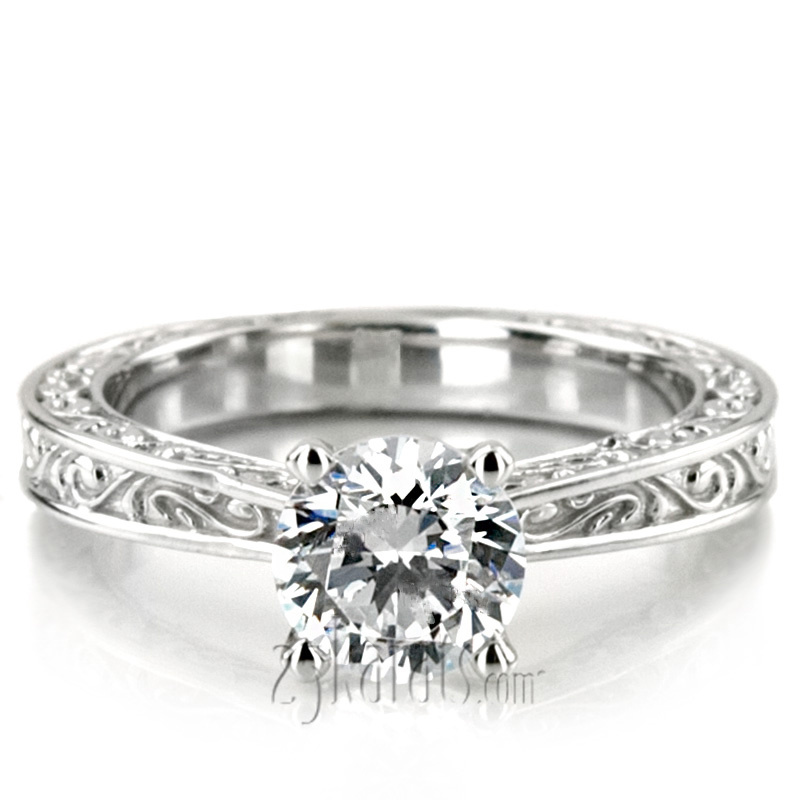 14K gold 5 mm Moissanite Three Sided Scroll Design Solitaire Engagement Ring - main view