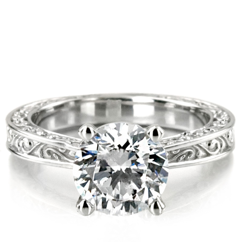14K gold 6.5 mm Moissanite Three Sided Scroll Design Solitaire Engagement Ring - main view