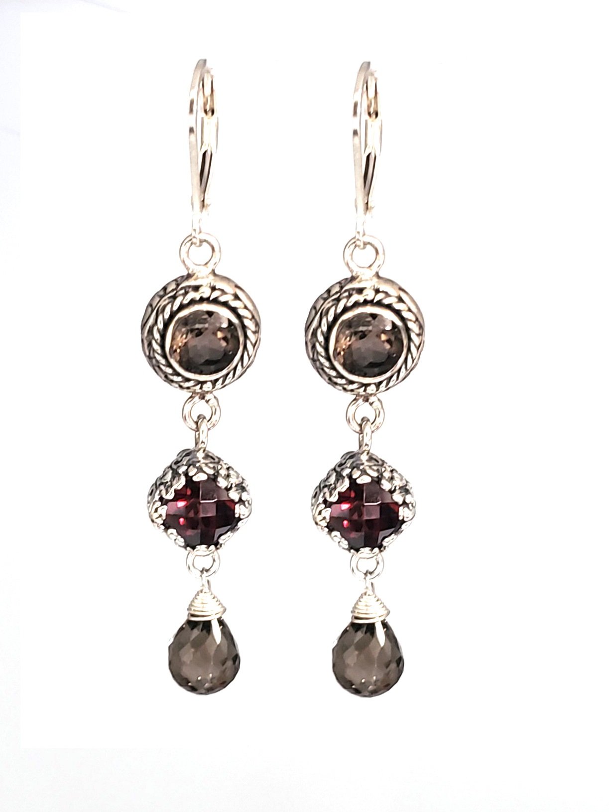 Sterling Silver Smokey Quartz and Garnet Earrings