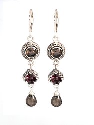 Sterling Silver Smokey Quartz and Garnet Earrings